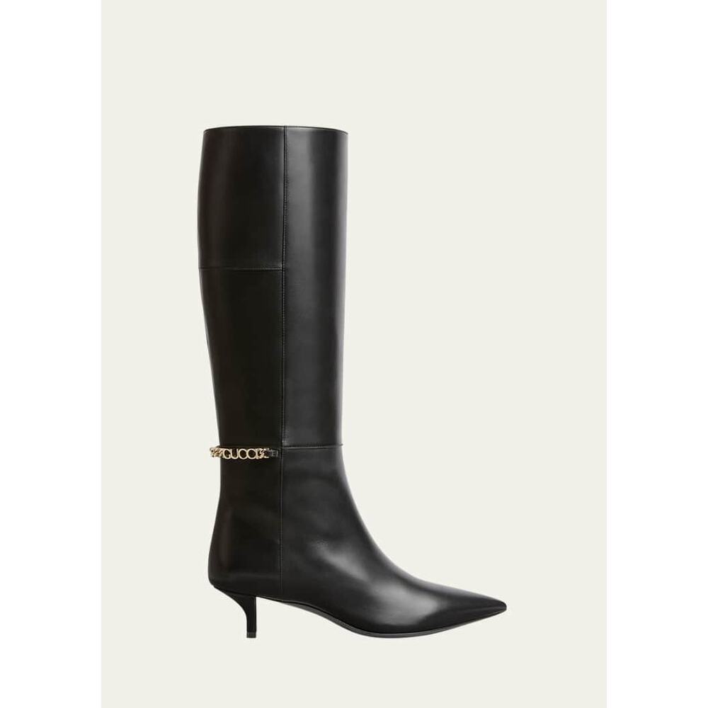 Gucci Signoria Leather Logo Chain Tall Boots 37.5 NWT